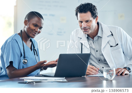 Doctor, laptop and meeting on a video conference at the hospital for medical discussion at the workplace. Healthcare professionals on a call having a conversation on computer for research at a clinic 138906573