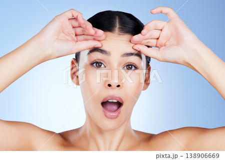 Forehead wrinkles, skincare and woman worry about beauty of facial, botox and face prp. Portrait, face and shock of anti aging dermatology for aesthetic wellness, plastic surgery and cosmetics check Forehead wrinkles, skincare and woman worry about beauty of facial, botox and face prp. Portrait, face and shock of anti aging dermatology for aesthetic wellness, plastic surgery and cosmetics check 138906669