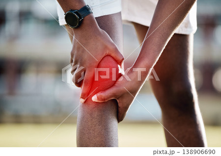 Injury, inflammation and man with knee pain from sports, fitness accident and injured muscle. Symptom, emergency and athlete holding his leg after a sprain, swollen joint and workout strain on body 138906690