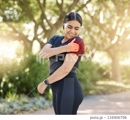 Black woman, runner and muscle pain in arm while outdoor for fitness, workout or exercise in park. Woman, running and training for healthy body with sore, strain or injury on path massage for care Black woman, runner and muscle pain in arm while outdoor for fitness, workout or exercise in park. Woman, running and training for healthy body with sore, strain or injury on path massage for care 138906796