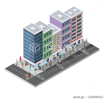 People walking on the street near modern buildings isometric illustration People walking on the street near modern buildings isometric illustration 138906822