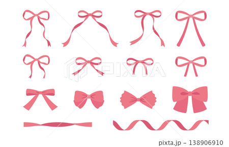 様々な形のおしゃれでかわいいリボンの装飾イラストセット　ガーリーなあしらい　蝶結び 138906910