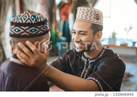 Care, muslim and father with son in house for bonding, ramadan kareem and love. Support, Islamic celebration and religion with man and child in living room of family home for culture and happy 138906940