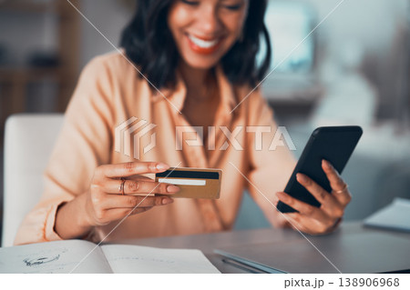 Shopping for online purchase with credit card and phone, buying products for house and making payment with technology. Smiling and cheerful woman holding debit card for banking, budget and bills 138906968