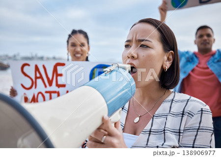 Climate change, megaphone and Asian woman protest with crowd protesting for environment and global warming. Save the earth, group activism and female shouting on bullhorn to stop planet pollution. Climate change, megaphone and Asian woman protest with crowd protesting for environment and global warming. Save the earth, group activism and female shouting on bullhorn to stop planet pollution. 138906977