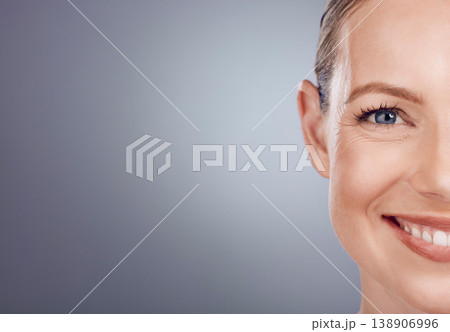 Half face, woman and mockup portrait of beauty for wellness, studio and happy salon results. Closeup model, split facial and skincare of facial aesthetic, laser dermatology and smile on mock up space Half face, woman and mockup portrait of beauty for wellness, studio and happy salon results. Closeup model, split facial and skincare of facial aesthetic, laser dermatology and smile on mock up space 138906996