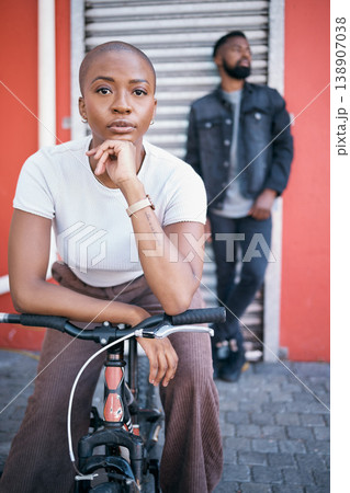 Bicycle, portrait and couple of friends for city travel, streetwear fashion and urban gen z lifestyle. Face of a confident black woman or cool people with a bike in urban sidewalk for youth cycling Bicycle, portrait and couple of friends for city travel, streetwear fashion and urban gen z lifestyle. Face of a confident black woman or cool people with a bike in urban sidewalk for youth cycling 138907038