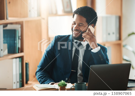 Happy, office or black man networking on a phone call with smile, crm or b2b communication at startup. Manager, conversation or businessman talking, discussion or speaking of our vision or goals Happy, office or black man networking on a phone call with smile, crm or b2b communication at startup. Manager, conversation or businessman talking, discussion or speaking of our vision or goals 138907065