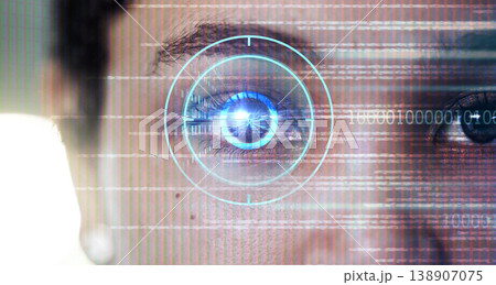 Biometric, digital and cyber security with eye scan of woman for identity, verification or facial recognition. Technology, future and ai with laser scanner focus of girl for hologram, contact or data 138907075
