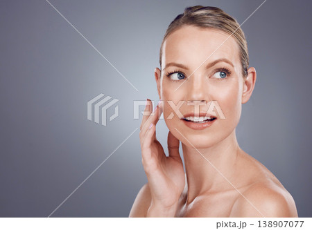 Beauty, skincare and relax and mockup with woman for cosmetics, self care and glow. Dermatology, facial and spa treatment with model for wellness, aesthetic and makeup in gray background studio Beauty, skincare and relax and mockup with woman for cosmetics, self care and glow. Dermatology, facial and spa treatment with model for wellness, aesthetic and makeup in gray background studio 138907077