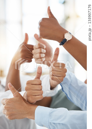 Team thumbs up for corporate success, support with hand sign for business collaboration or thank you to partnership in work office. Workers trust, employee motivation and diversity at startup company 138907176