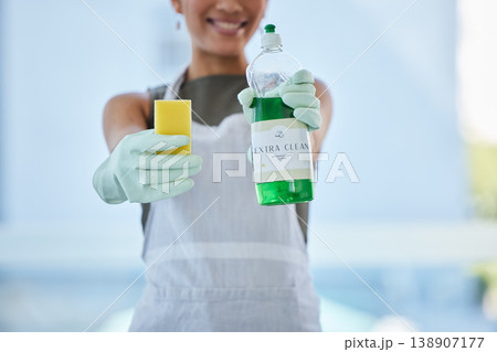 Woman, hands and domestic holding detergent for cleaning, hygiene or disinfecting equipment at home. Female hand advertising clean products for hygienic house work or washing safety from bacteria 138907177