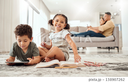 Tablet, books and children learning on carpet parents in living room for holiday, digital education and kindergarten knowledge with girl portrait. Family relax with technology on lounge floor writing Tablet, books and children learning on carpet parents in living room for holiday, digital education and kindergarten knowledge with girl portrait. Family relax with technology on lounge floor writing 138907262
