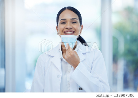 Covid, healthcare and happy portrait of doctor woman in professional Mexico clinic with smile. Optimistic medical expert remove face mask protection at end of coronavirus health pandemic. Covid, healthcare and happy portrait of doctor woman in professional Mexico clinic with smile. Optimistic medical expert remove face mask protection at end of coronavirus health pandemic. 138907306