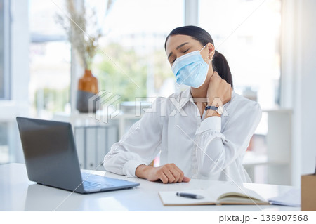 Covid business woman, neck pain and stress injury at office desk in startup. Sad, sick and tired face mask employee burnout, joint pain problem and body posture, corona virus health risk and anxiety Covid business woman, neck pain and stress injury at office desk in startup. Sad, sick and tired face mask employee burnout, joint pain problem and body posture, corona virus health risk and anxiety 138907568