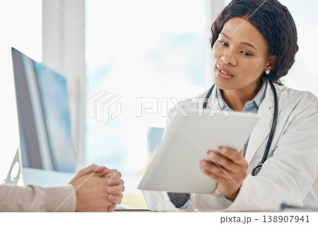 Tablet test results, doctor and patient talking in medical consultation, checkup and visit in clinic, hospital and healthcare center. Gp discussing treatment options and medicine side effects on tech 138907941