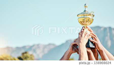Sports, win and hands of a team with a trophy for an achievement, goal and success together. Gold, winner and people holding an awards cup after winning a sport competition or rugby tournament Sports, win and hands of a team with a trophy for an achievement, goal and success together. Gold, winner and people holding an awards cup after winning a sport competition or rugby tournament 138908024