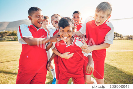 Soccer, winner or happy team of children for success, goal or celebration in game or competition on soccer field. Football, sport boy or athlete kids in training workout, teamwork exercise or support Soccer, winner or happy team of children for success, goal or celebration in game or competition on soccer field. Football, sport boy or athlete kids in training workout, teamwork exercise or support 138908045