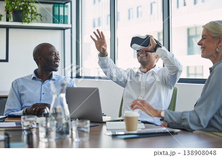 Virtual reality, people meeting and futuristic developer test, future technology review and metaverse experience. VR glasses of digital team, employees or business group for cyber app development Virtual reality, people meeting and futuristic developer test, future technology review and metaverse experience. VR glasses of digital team, employees or business group for cyber app development 138908048