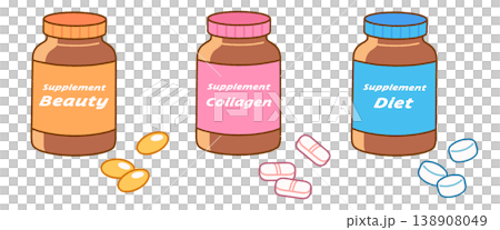 美容系サプリの錠剤とボトルのイラスト3点セット|コラーゲン・ダイエット 美容系サプリの錠剤とボトルのイラスト3点セット|コラーゲン・ダイエット 138908049