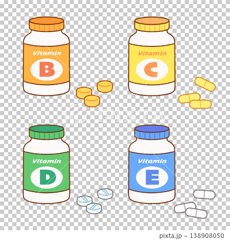 ビタミンサプリの錠剤とボトルのイラスト4点セット｜健康・栄養補助食品 138908050