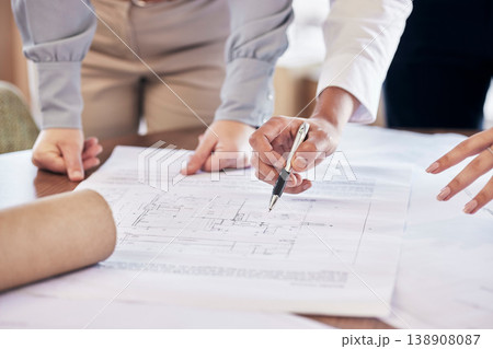 Team work, hands or architect drawing a blueprint or planning a real estate building or development in an office. Civil engineering, zoom or designers with vision of renovation or project management Team work, hands or architect drawing a blueprint or planning a real estate building or development in an office. Civil engineering, zoom or designers with vision of renovation or project management 138908087