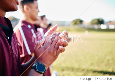 Sports, closeup and hands with team, applause and celebration for winning, victory and happiness. Zoom, group and players on field, joyful and cheerful for teamwork, success and achievement outdoor Sports, closeup and hands with team, applause and celebration for winning, victory and happiness. Zoom, group and players on field, joyful and cheerful for teamwork, success and achievement outdoor 138908106