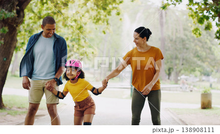 Parents, park and holding hands to rollerskate with girl child with care, learning and support. Interracial family, black man and woman with kid, smile and helping hand for skating on outdoor holiday 138908111