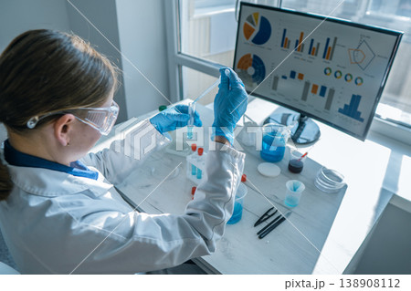 Young researcher performs laboratory analysis using pipette and test tubes, focusing on scientific innovation. Digital graphs and statistics enhance the advanced research environment Young researcher performs laboratory analysis using pipette and test tubes, focusing on scientific innovation. Digital graphs and statistics enhance the advanced research environment 138908112