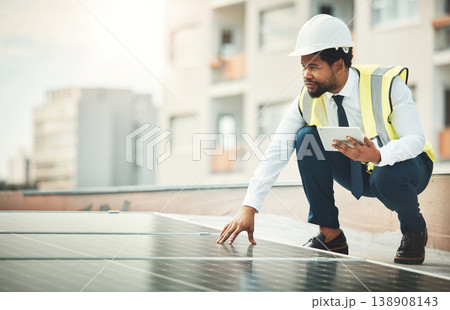 Solar panels, renewable energy and black man with tablet for construction, maintenance and inspection. Sun sustainability, building and electrician with digital tech for photovoltaic electricity 138908143