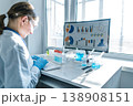 Young researcher wearing protective eyewear, gloves works on keyboard in sunlit laboratory. Data analysis, scientific research, laboratory experiments are highlighted in clean, high tech environment 138908151