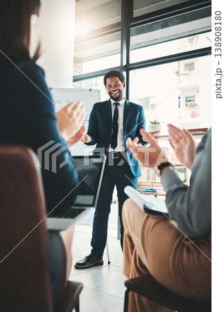 Applause, black man and business people in presentation, meeting or workshop in office. Leadership, congratulations and group of employees clapping for goals, speech targets or success celebration. Applause, black man and business people in presentation, meeting or workshop in office. Leadership, congratulations and group of employees clapping for goals, speech targets or success celebration. 138908180