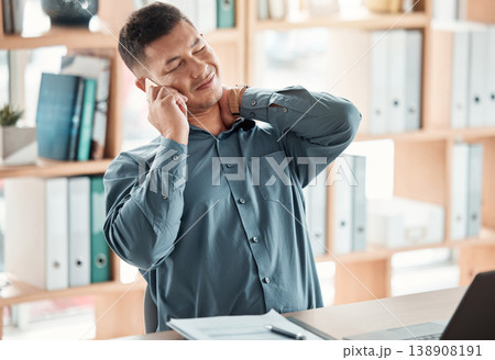 Office, stress and man with neck pain, phone call at desk for crm communication, tired ceo at startup. Business manager, conversation and networking, businessman on smartphone with deadline pressure. 138908191