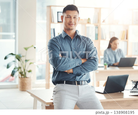 Portrait, arms crossed and business man in office ready for company goals in workplace. Ceo, boss and happy, confident or proud male entrepreneur from Brazil with vision, mission or success mindset. Portrait, arms crossed and business man in office ready for company goals in workplace. Ceo, boss and happy, confident or proud male entrepreneur from Brazil with vision, mission or success mindset. 138908195