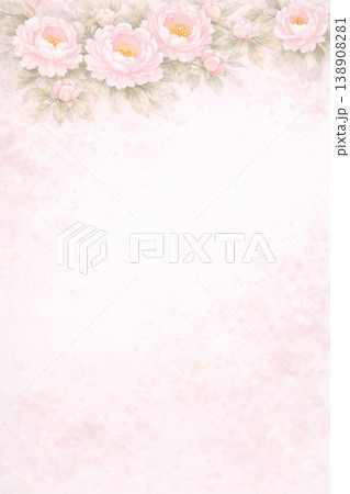 芍薬シリーズ：縦長で上部に芍薬を配置し下部に余白を残したポスター向け水彩背景イラスト 138908281