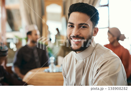 Home, portrait and Muslim man with smile for Eid, faith and social gathering for festive celebration. Islamic, religion and person with pride for Ramadan, culture and traditional clothes for event 138908282