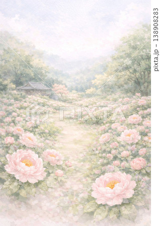 芍薬シリーズ：芍薬の花が咲く庭園を遠景で描いた自然風景の水彩イラスト 138908283