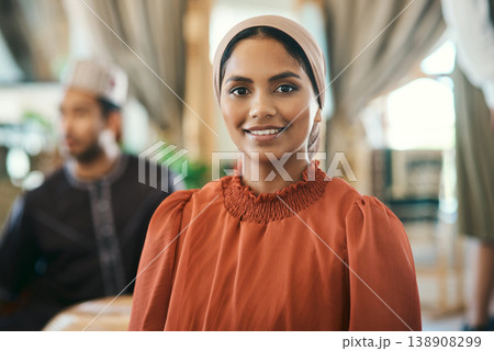 Home, portrait and Muslim woman with hijab for Ramadan, religion or social gathering for celebration. Islamic, faith and person with smile for Eid, culture and traditional clothes for event in house 138908299