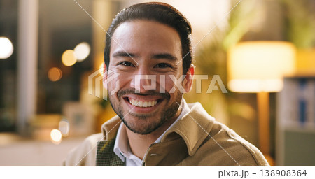 Night, portrait and businessman with smile in office, journalist and confident for creative project. Newsroom, writer and person with pride for career growth, publishing and working late for deadline Night, portrait and businessman with smile in office, journalist and confident for creative project. Newsroom, writer and person with pride for career growth, publishing and working late for deadline 138908364