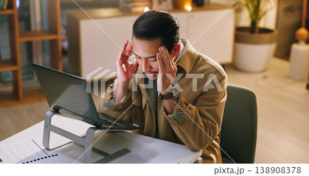 Business, man and headache with laptop at office for glitch, news error and employee burnout at night. Stress, journalist and migraine with pc, copywriting fail and brain fog from submission deadline Business, man and headache with laptop at office for glitch, news error and employee burnout at night. Stress, journalist and migraine with pc, copywriting fail and brain fog from submission deadline 138908378