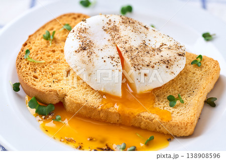 Poached egg with runny yolk and microgreens on a toasted bread for healthy breakfast . Healthy breakfast food concept. 138908596
