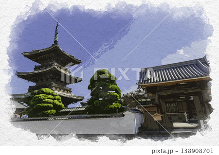 水彩画風　臼杵　龍原寺　三重塔と山門　大分県臼杵市 138908701