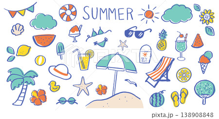 手書きの夏素材イラストセット。夏休み リゾート ビーチ かわいい  138908848