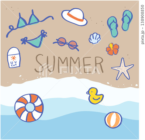手書きの夏素材イラスト。砂浜 海 サングラス ビキニ ビーサン ヒトデ 手書きの夏素材イラスト。砂浜 海 サングラス ビキニ ビーサン ヒトデ 138908850