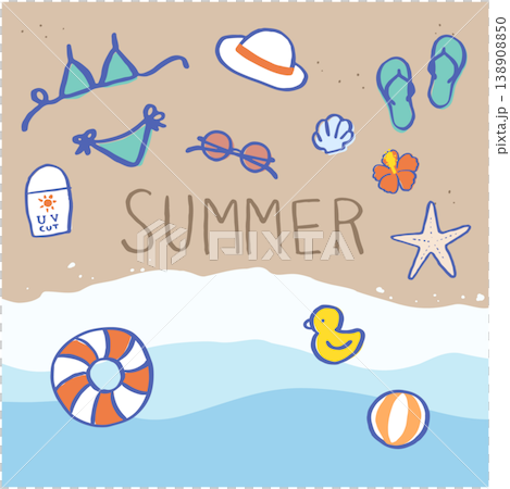 手書きの夏素材イラスト。砂浜 海 サングラス ビキニ ビーサン ヒトデ 手書きの夏素材イラスト。砂浜 海 サングラス ビキニ ビーサン ヒトデ 138908850