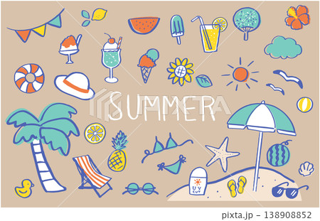 手書きの夏素材イラストセット。夏休み リゾート ビーチ かわいい 手書きの夏素材イラストセット。夏休み リゾート ビーチ かわいい 138908852
