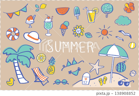 手書きの夏素材イラストセット。夏休み リゾート ビーチ かわいい 手書きの夏素材イラストセット。夏休み リゾート ビーチ かわいい 138908852