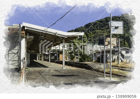 水彩画風　臼杵駅ホーム　大分県臼杵市 138909056