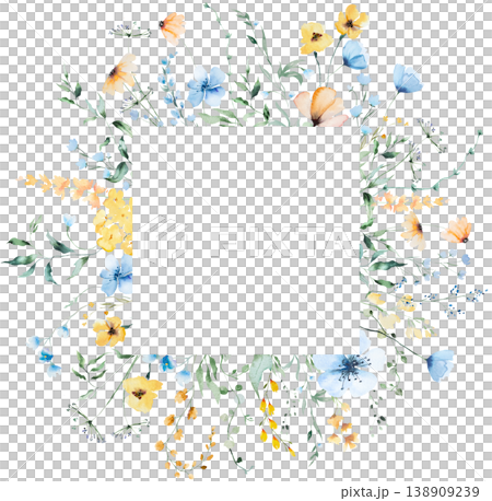 Square floral frame with light blue and yellow watercolor wildflowers, spring wedding illustration Square floral frame with light blue and yellow watercolor wildflowers, spring wedding illustration 138909239