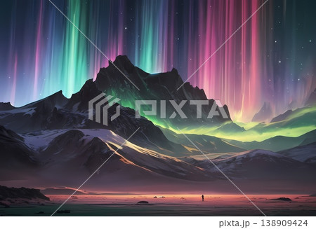 宇宙の光に溶ける。果てしないオーロラと山々が織りなす幻想的な絶景 138909424